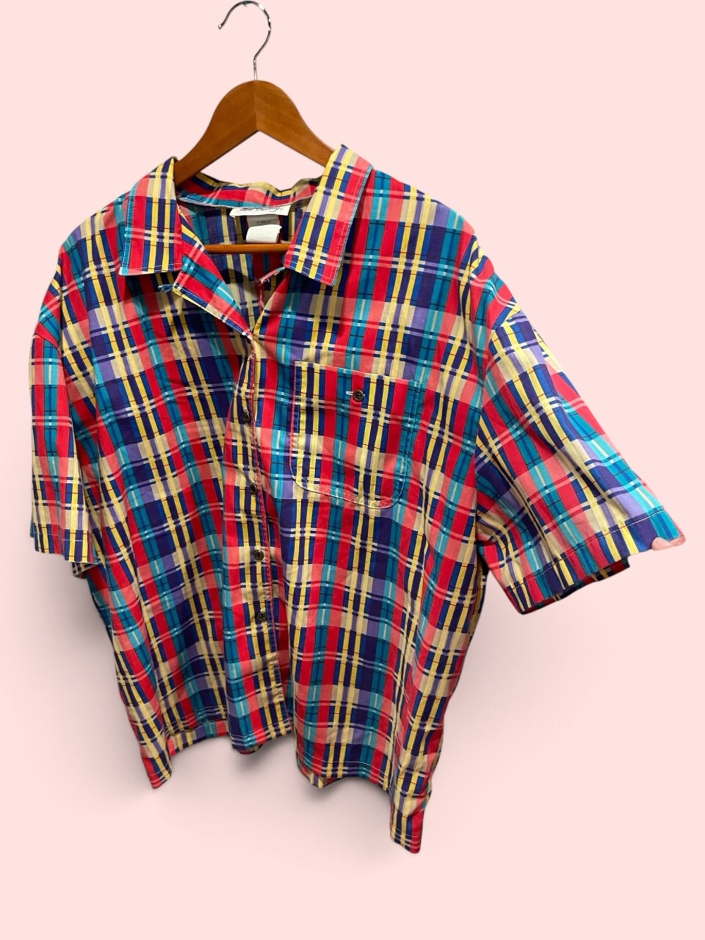 Cute retro gorpcore primary plaid 80s nerd oversized button front blouse plus 2X